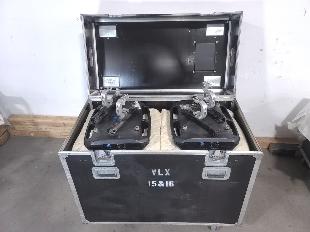 (2) Vari-Lite VLX Wash Moving Head Lights w/ (4) Mounting Brackets & (4) Mounting Clamp in Wheeled Road Case