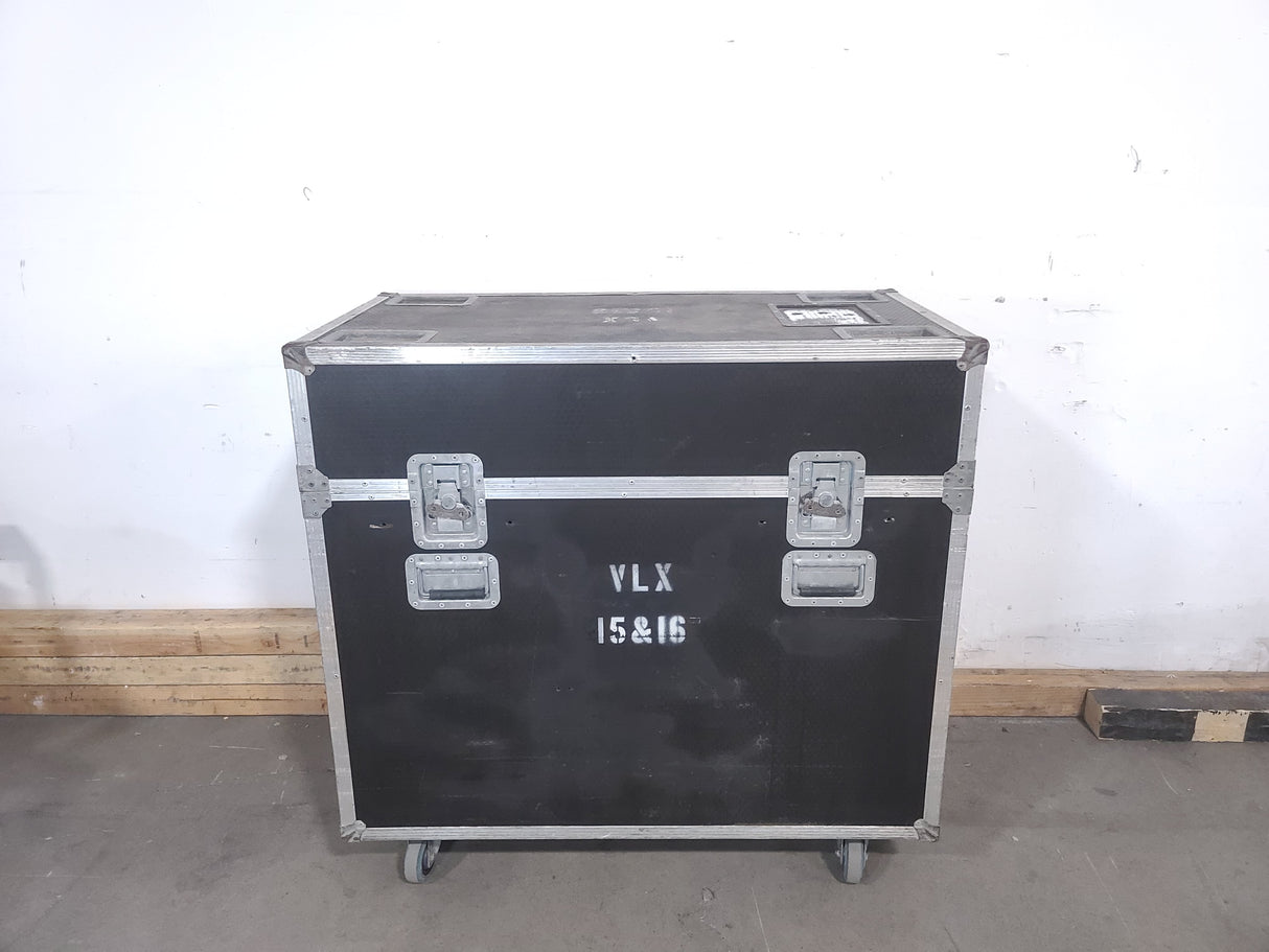 (2) Vari-Lite VLX Wash Moving Head Lights w/ (4) Mounting Brackets & (4) Mounting Clamp in Wheeled Road Case