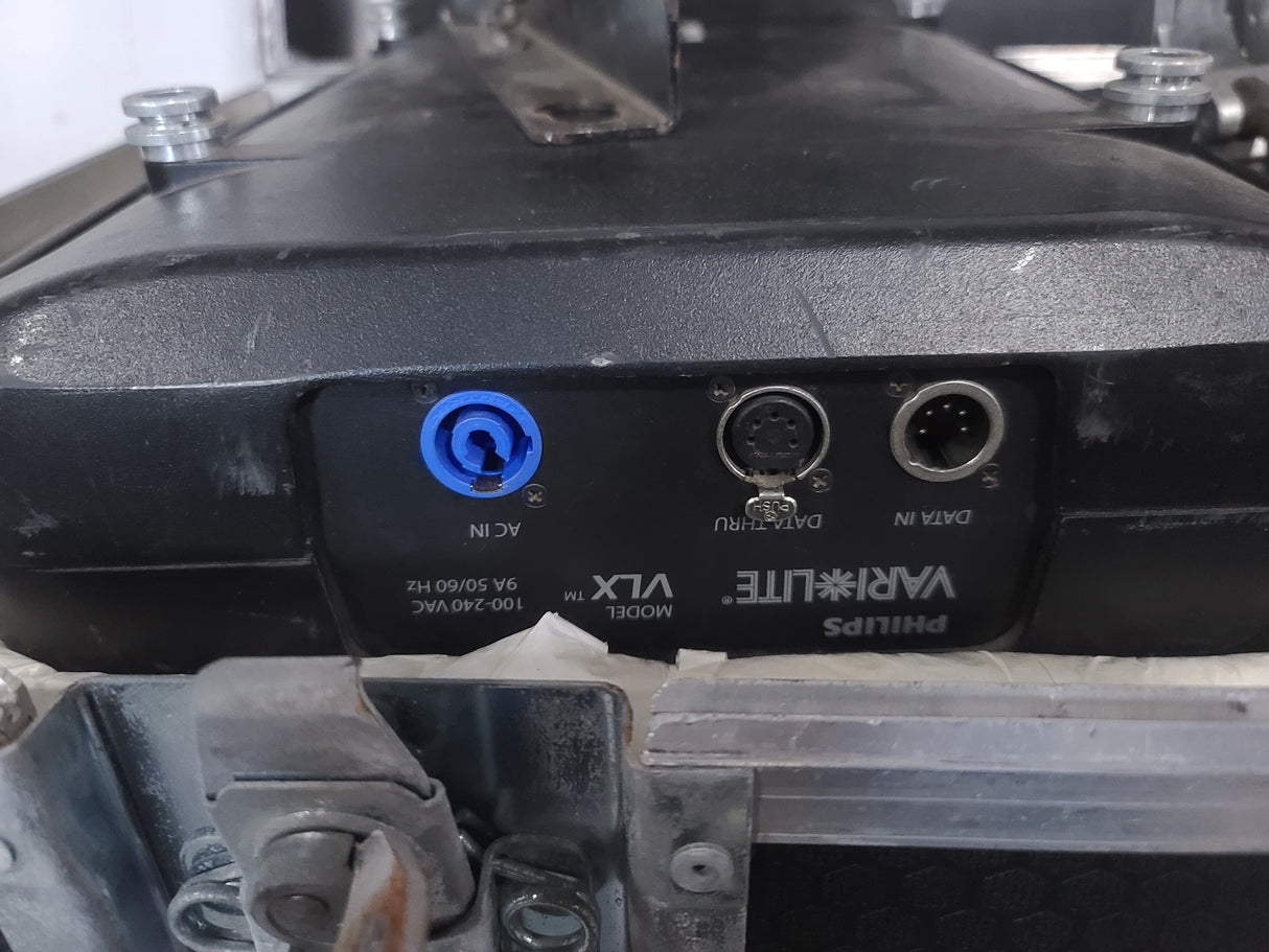 (2) Vari-Lite VLX Wash Moving Head Lights w/ (4) Mounting Brackets & (4) Mounting Clamp in Wheeled Road Case