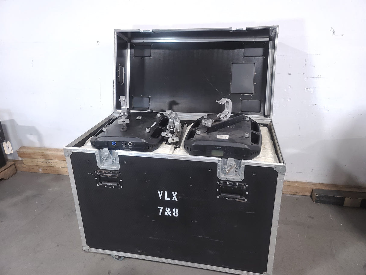 (2) Vari-Lite VLX Wash Moving Head Lights w/ (4) Mounting Brackets & (4) Mounting Clamp in Wheeled Road Case