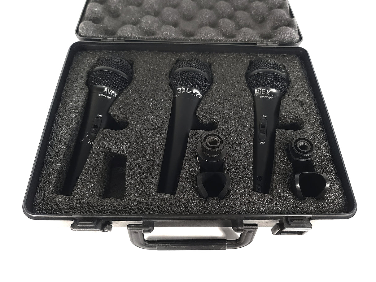 (3) Behringer XM1800S Wired Microphones w/ (3) Microphone Clips in Hard Carry Case