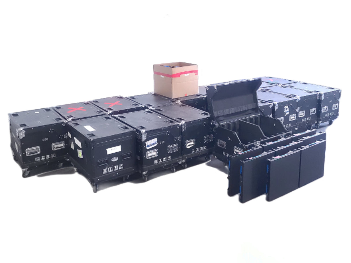 (120) Refresh LED 3.9mm 500x500 Indoor LED VIdeo Wall Panels w/ Cables & Hardware in (17) Wheeled Road Cases