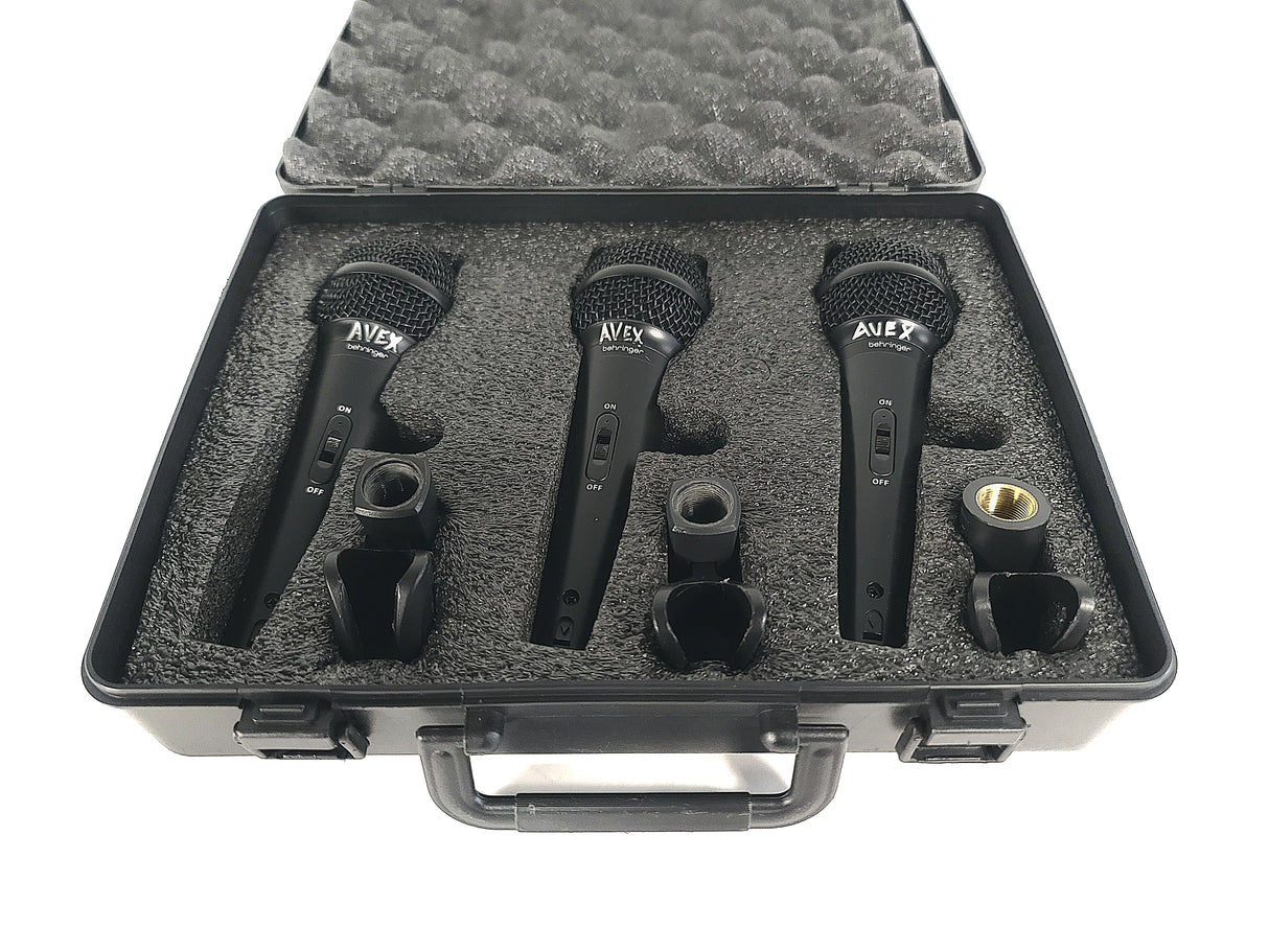 (3) Behringer XM1800S Wired Microphones w/ (3) Microphone Clips in Hard Carry Case