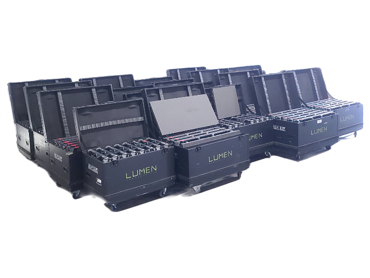 (60) Lumen Concept (500x1000) & (60) (500x500) 3.91 Outdoor IP65 LED Wall Panels (4500 NITS) w/ Accessories in (19) Wheeled Road Cases