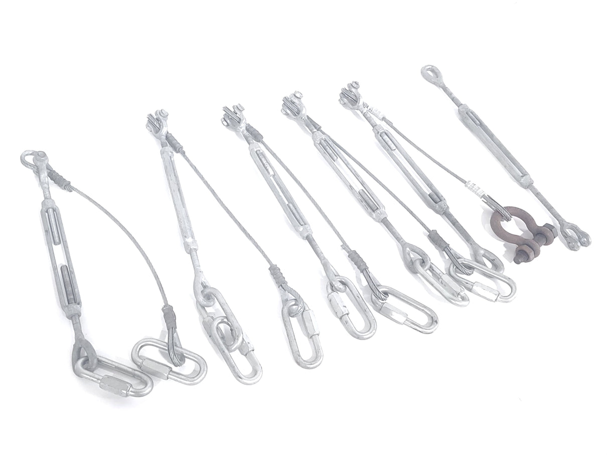 (5) Steel Turnbuckles w/ (4) Safety Cables, (7) Quick Links, Shackle