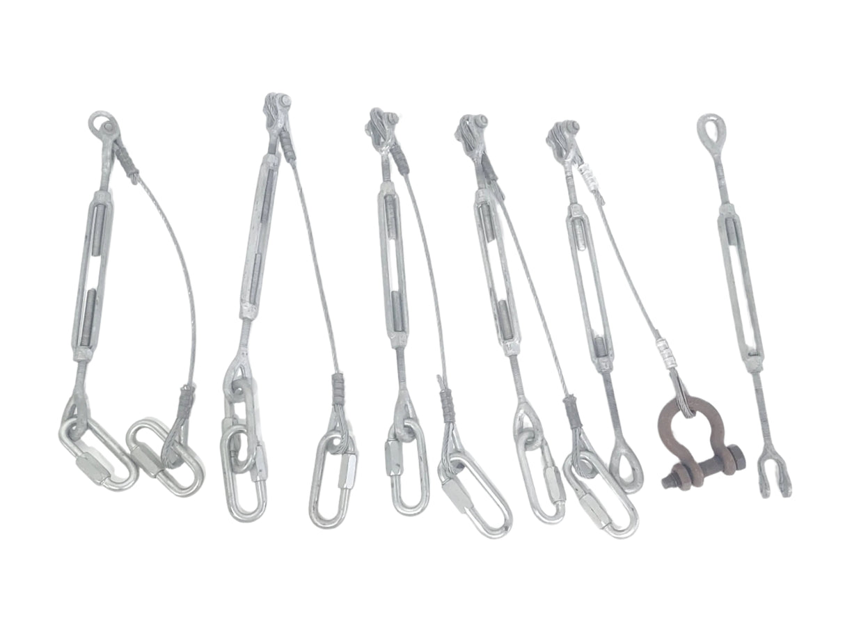 (5) Steel Turnbuckles w/ (4) Safety Cables, (7) Quick Links, Shackle