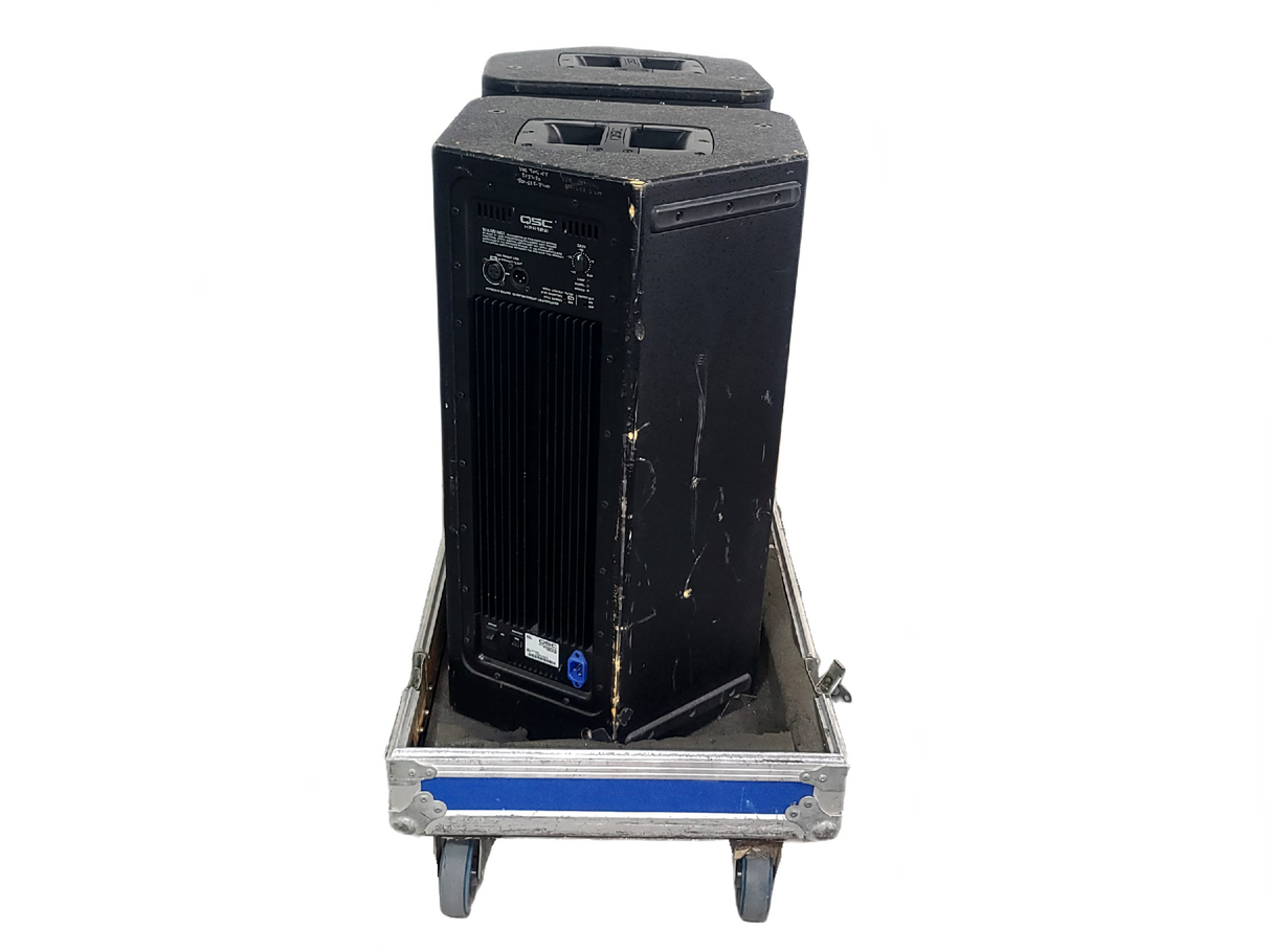 (2) QSC K12 Powered Speakers in Wheeled Road Case