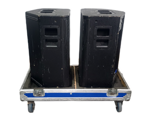 (2) QSC K12 Powered Speakers in Wheeled Road Case