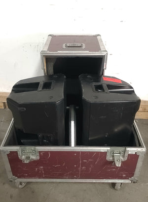 (2) QSC K12 Powered Speakers in Wheeled Road Case