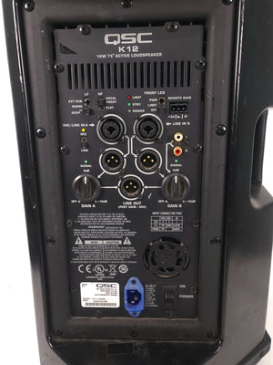 (2) QSC K12 Powered Speakers in Wheeled Road Case