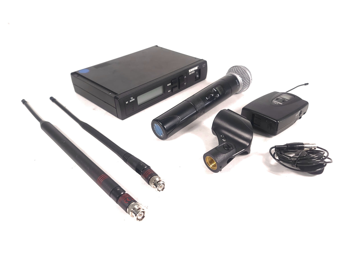 Shure ULXS4 Wireless Receiver Kit (J1: 554-590MHz) w/ Shure ULX2 Handheld Transmitter w/ SM58 Mic Capsule, ULX1 Belt Pack, (2) Antennas in Hard Carry Case