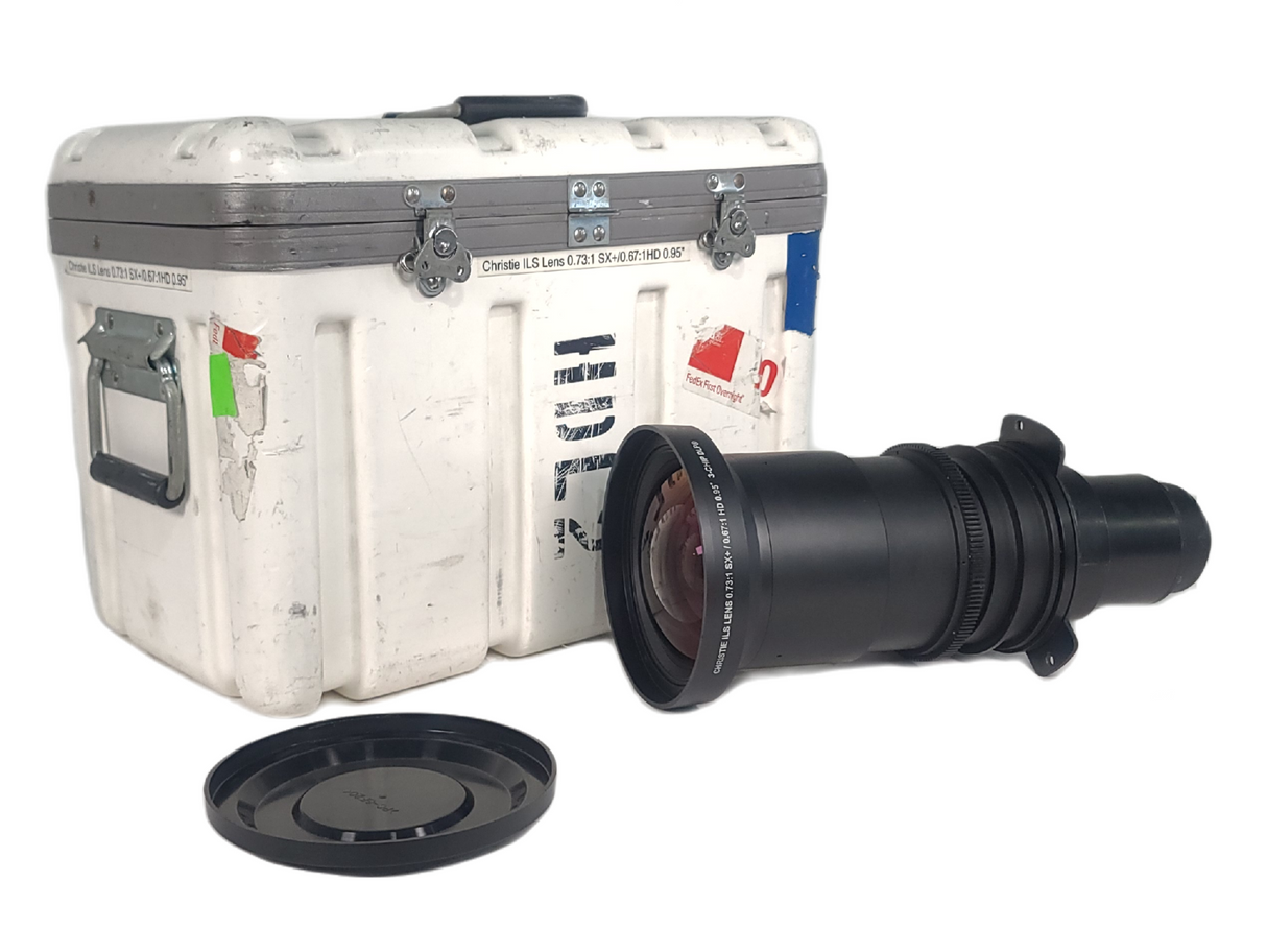 Christie 118-100110-XX ILS 3-Chip DLP Fixed Projector Lens, 0.73:1 SX+/ 0.67:1 HD 0.95" In Hard Carry Case