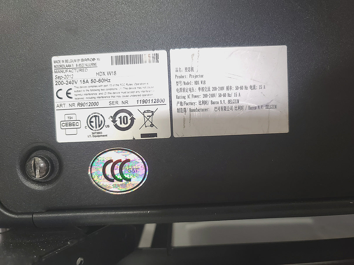Barco HDX-W18 16,500 Lumens WUXGA 3-Chip DLP Projector (Lamp Hours 682) w/ (4) Mounting Brackets, Remote, Spare Lamp & PSU Cable in Wheeled Road Case [NO LENSE]