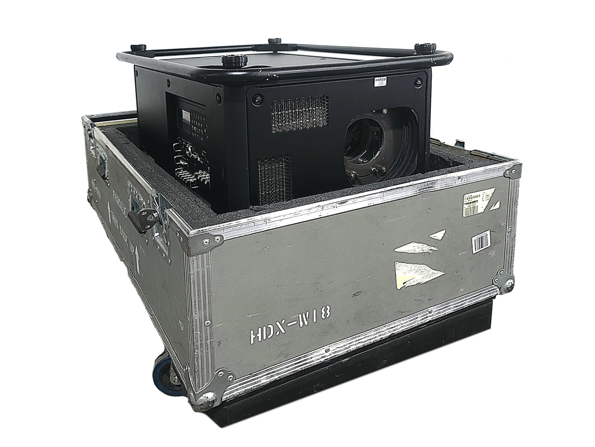 Barco HDX-W18 16,500 Lumens WUXGA 3-Chip DLP Projector (Lamp Hours 682) w/ (4) Mounting Brackets, Remote, Spare Lamp & PSU Cable in Wheeled Road Case [NO LENSE]