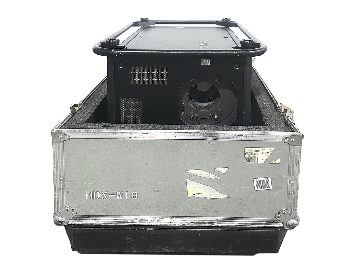 Barco HDX-W18 16,500 Lumens WUXGA 3-Chip DLP Projector (Lamp Hours 682) w/ (4) Mounting Brackets, Remote, Spare Lamp & PSU Cable in Wheeled Road Case [NO LENSE]
