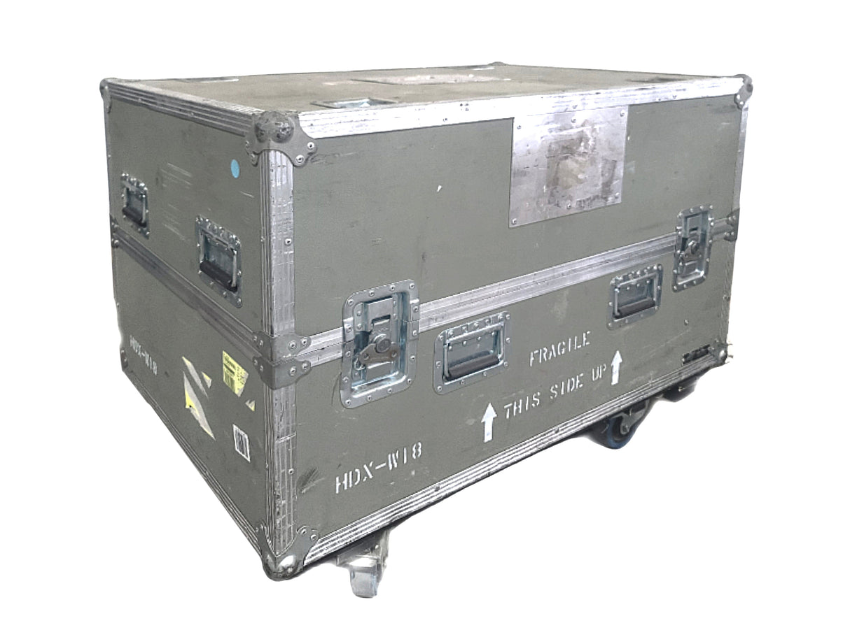 Barco HDX-W18 16,500 Lumens WUXGA 3-Chip DLP Projector (Lamp Hours 682) w/ (4) Mounting Brackets, Remote, Spare Lamp & PSU Cable in Wheeled Road Case [NO LENSE]