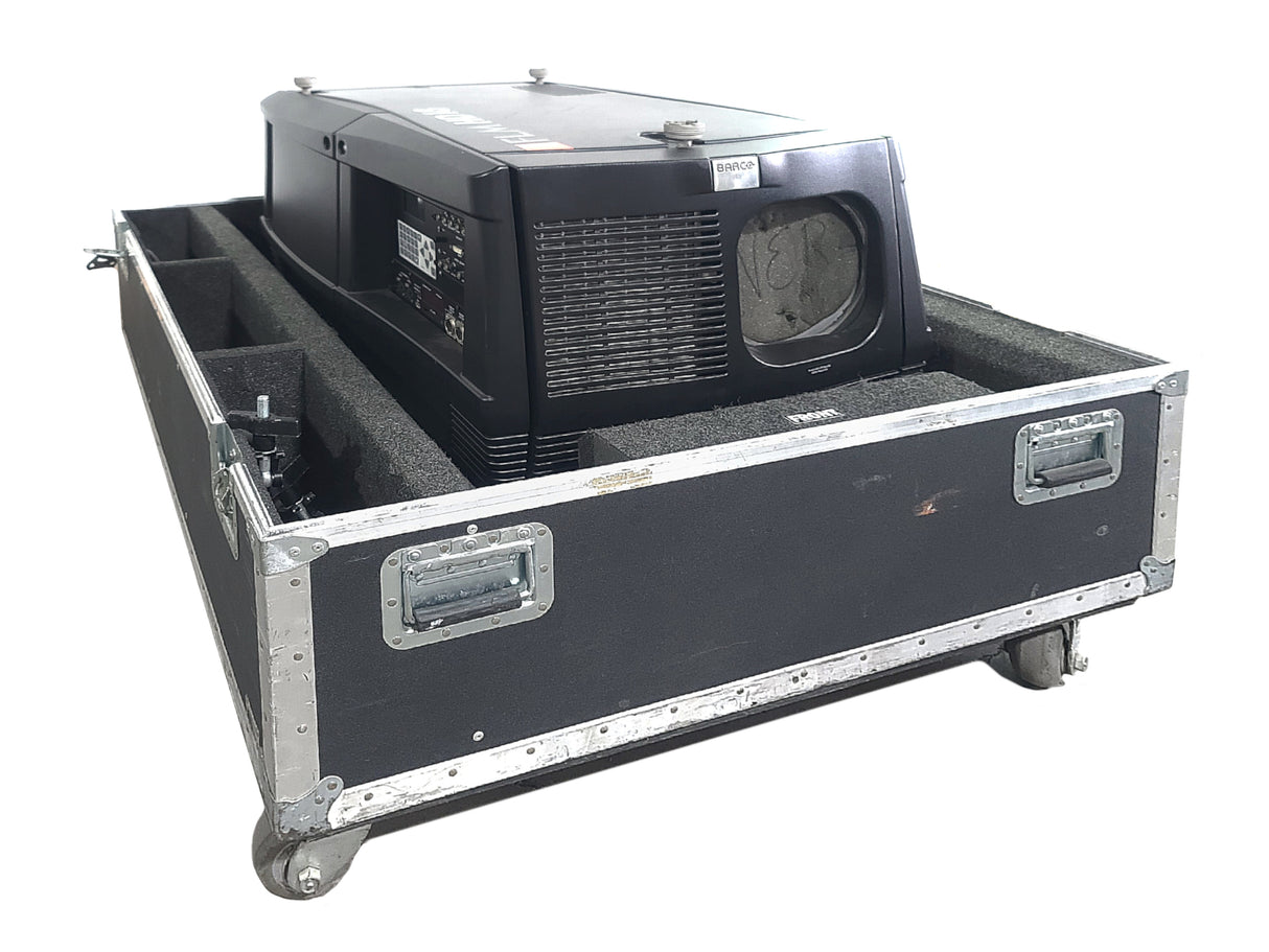 Barco FLM HD18 18,000 Lumens HD 3-Chip DLP Large Venue Projector (Lamp Hours 137) w/ (4) Mounting Brackets, Remote & PSU Cable in Wheeled Road Case (NO LENS)