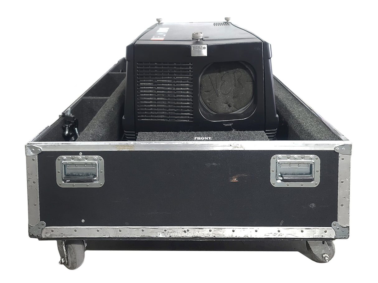 Barco FLM HD18 18,000 Lumens HD 3-Chip DLP Large Venue Projector (Lamp Hours 137) w/ (4) Mounting Brackets, Remote & PSU Cable in Wheeled Road Case (NO LENS)