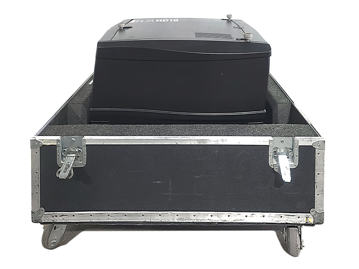 Barco FLM HD18 18,000 Lumens HD 3-Chip DLP Large Venue Projector (Lamp Hours 137) w/ (4) Mounting Brackets, Remote & PSU Cable in Wheeled Road Case (NO LENS)