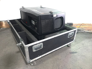 Barco FLM HD18 18,000 Lumens HD 3-Chip DLP Large Venue Projector (Lamp Hours 2200) w/ (4) Mounting Brackets, Remote & PSU Cable in Wheeled Road Case (NO LENS)