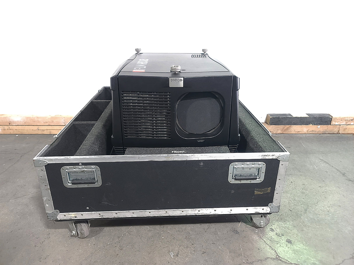 Barco FLM HD18 18,000 Lumens HD 3-Chip DLP Large Venue Projector (Lamp Hours 2200) w/ (4) Mounting Brackets, Remote & PSU Cable in Wheeled Road Case (NO LENS)