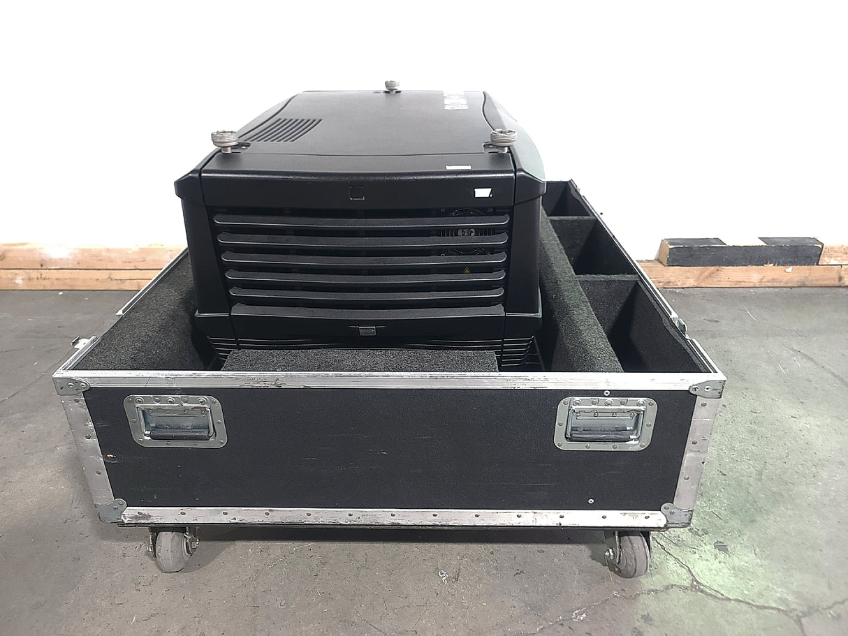 Barco FLM HD18 18,000 Lumens HD 3-Chip DLP Large Venue Projector (Lamp Hours 2200) w/ (4) Mounting Brackets, Remote & PSU Cable in Wheeled Road Case (NO LENS)
