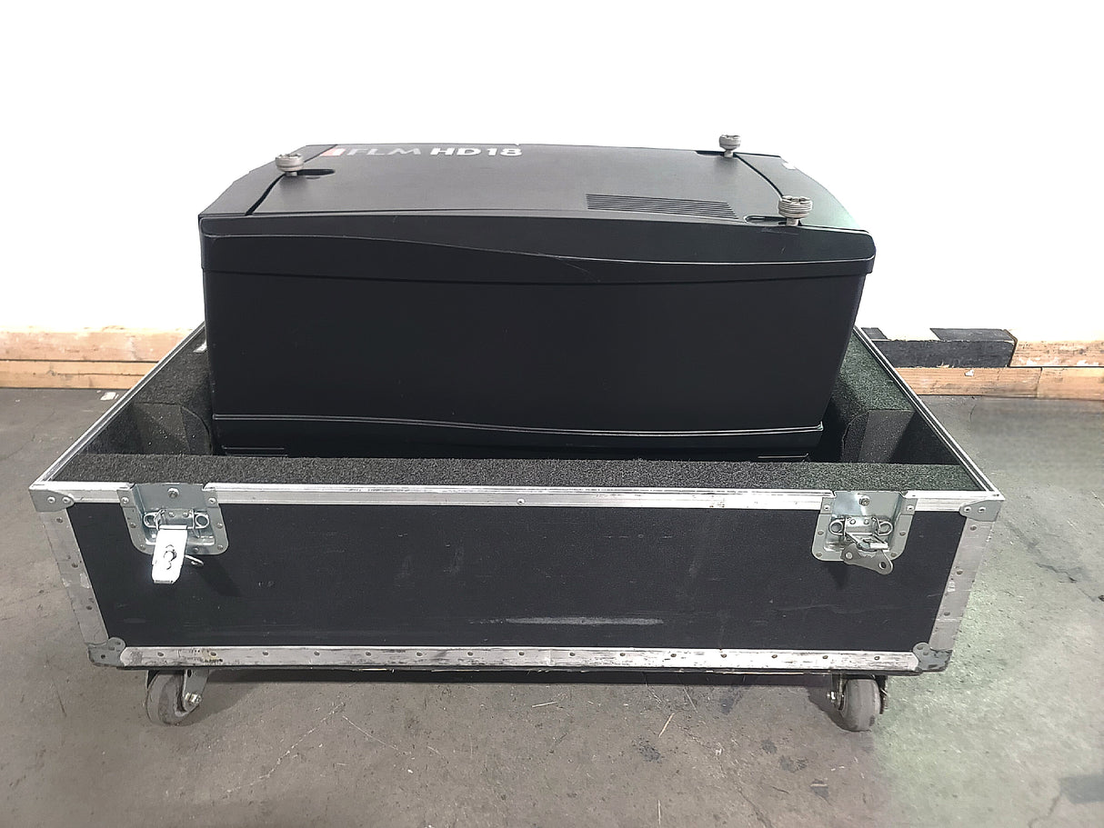 Barco FLM HD18 18,000 Lumens HD 3-Chip DLP Large Venue Projector (Lamp Hours 2200) w/ (4) Mounting Brackets, Remote & PSU Cable in Wheeled Road Case (NO LENS)