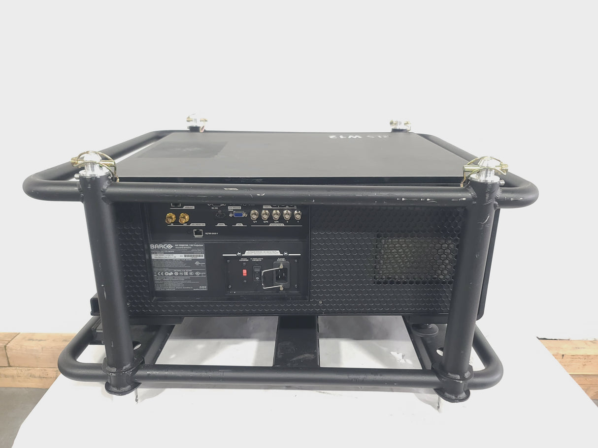 Barco RLS W12 11,000 Lumens WUXGA 1-Chip DLP (Lamp Hours 342 & 345) Large Venue Projector w/ (4) Mounting Clamps, Remote, Extra Lamp & PSU Cable in Wheeled Road Case (NO LENS)