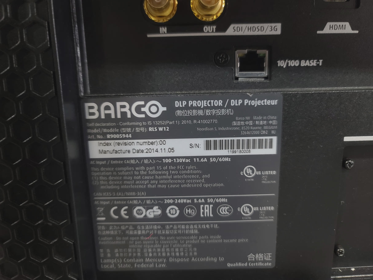 Barco RLS W12 11,000 Lumens WUXGA 1-Chip DLP (Lamp Hours 342 & 345) Large Venue Projector w/ (4) Mounting Clamps, Remote, Extra Lamp & PSU Cable in Wheeled Road Case (NO LENS)