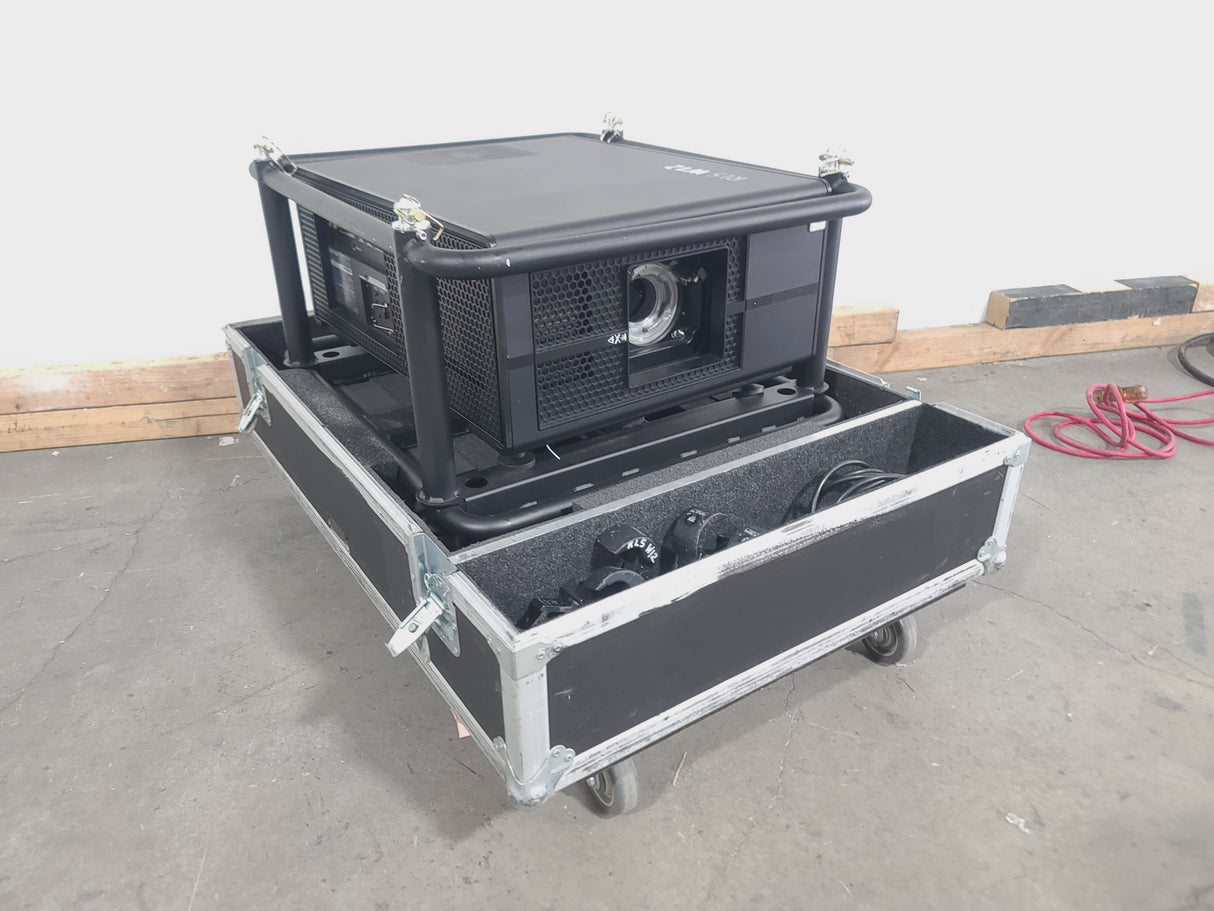 Barco RLS W12 11,000 Lumens WUXGA 1-Chip DLP (Lamp Hours 342 & 345) Large Venue Projector w/ (4) Mounting Clamps, Remote, Extra Lamp & PSU Cable in Wheeled Road Case (NO LENS)