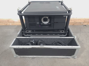 Barco RLS W12 11,000 Lumens WUXGA 1-Chip DLP (Lamp Hours 342 & 345) Large Venue Projector w/ (4) Mounting Clamps, Remote, Extra Lamp & PSU Cable in Wheeled Road Case (NO LENS)