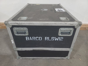 Barco RLS W12 11,000 Lumens WUXGA 1-Chip DLP (Lamp Hours 342 & 345) Large Venue Projector w/ (4) Mounting Clamps, Remote, Extra Lamp & PSU Cable in Wheeled Road Case (NO LENS)
