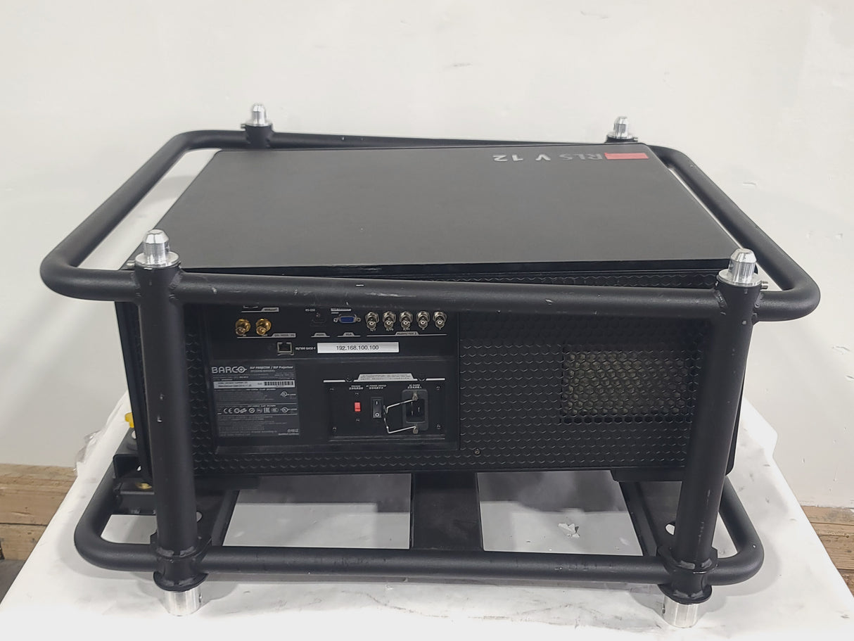 Barco RLS W12 11,000 Lumens WUXGA 1-Chip DLP (Lamp Hours 406 & 407) Large Venue Projector w/ (4) Mounting Clamps, Remote, Extra Lamp & PSU Cable in Wheeled Road Case (NO LENS)