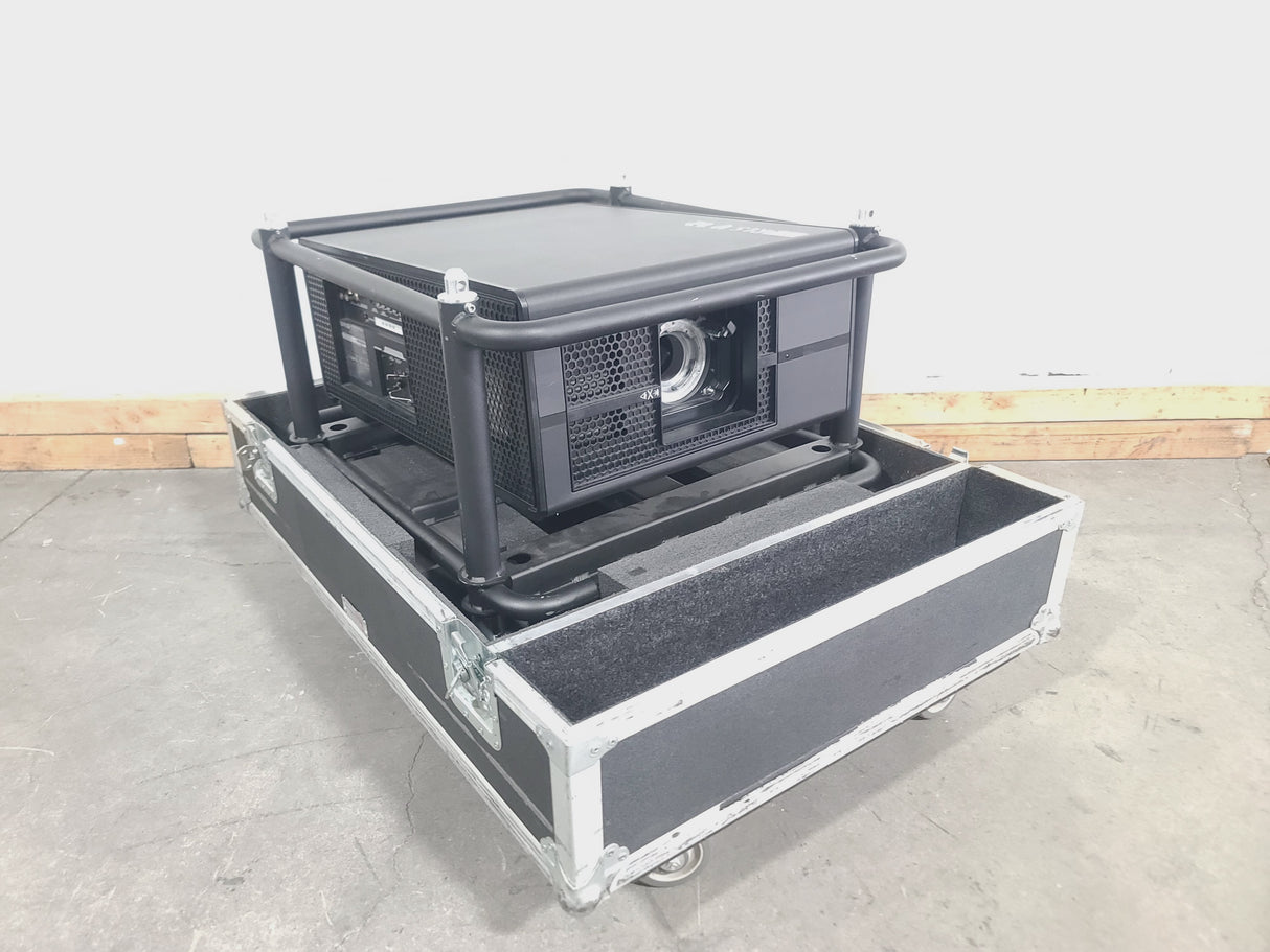 Barco RLS W12 11,000 Lumens WUXGA 1-Chip DLP (Lamp Hours 406 & 407) Large Venue Projector w/ (4) Mounting Clamps, Remote, Extra Lamp & PSU Cable in Wheeled Road Case (NO LENS)