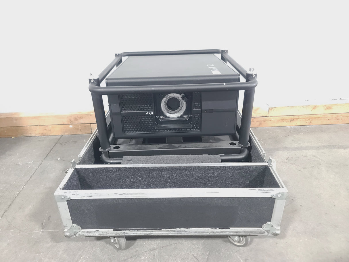 Barco RLS W12 11,000 Lumens WUXGA 1-Chip DLP (Lamp Hours 406 & 407) Large Venue Projector w/ (4) Mounting Clamps, Remote, Extra Lamp & PSU Cable in Wheeled Road Case (NO LENS)