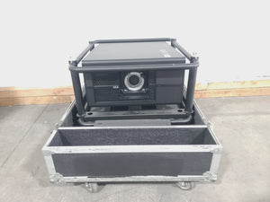 Barco RLS W12 11,000 Lumens WUXGA 1-Chip DLP (Lamp Hours 406 & 407) Large Venue Projector w/ (4) Mounting Clamps, Remote, Extra Lamp & PSU Cable in Wheeled Road Case (NO LENS)