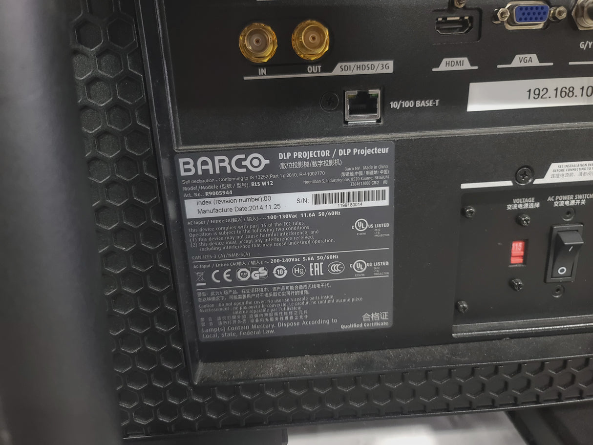 Barco RLS W12 11,000 Lumens WUXGA 1-Chip DLP (Lamp Hours 581 & 978) Large Venue Projector w/ (4) Mounting Clamps, Remote, Extra Lamp & in Wheeled Road Case (NO LENS)