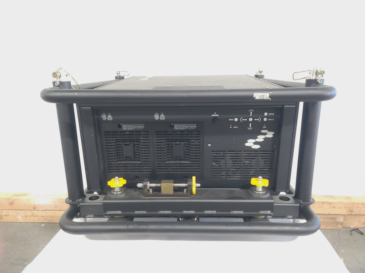 Barco RLS W12 11,000 Lumens WUXGA 1-Chip DLP (Lamp Hours 581 & 978) Large Venue Projector w/ (4) Mounting Clamps, Remote, Extra Lamp & in Wheeled Road Case (NO LENS)