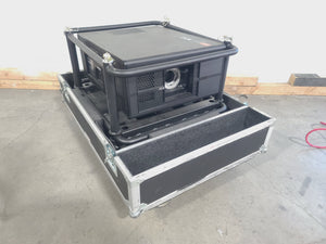Barco RLS W12 11,000 Lumens WUXGA 1-Chip DLP (Lamp Hours 581 & 978) Large Venue Projector w/ (4) Mounting Clamps, Remote, Extra Lamp & in Wheeled Road Case (NO LENS)
