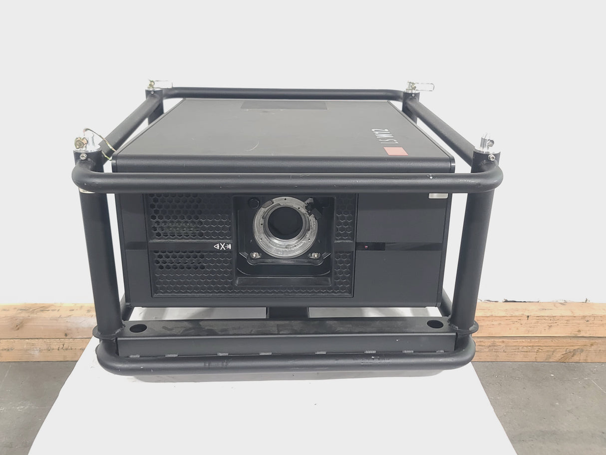 Barco RLS W12 11,000 Lumens WUXGA 1-Chip DLP (Lamp Hours 642 & 642) Large Venue Projector w/ (4) Mounting Clamps, Remote, Extra Lamp & PSU Cable in Wheeled Road Case (NO LENS)