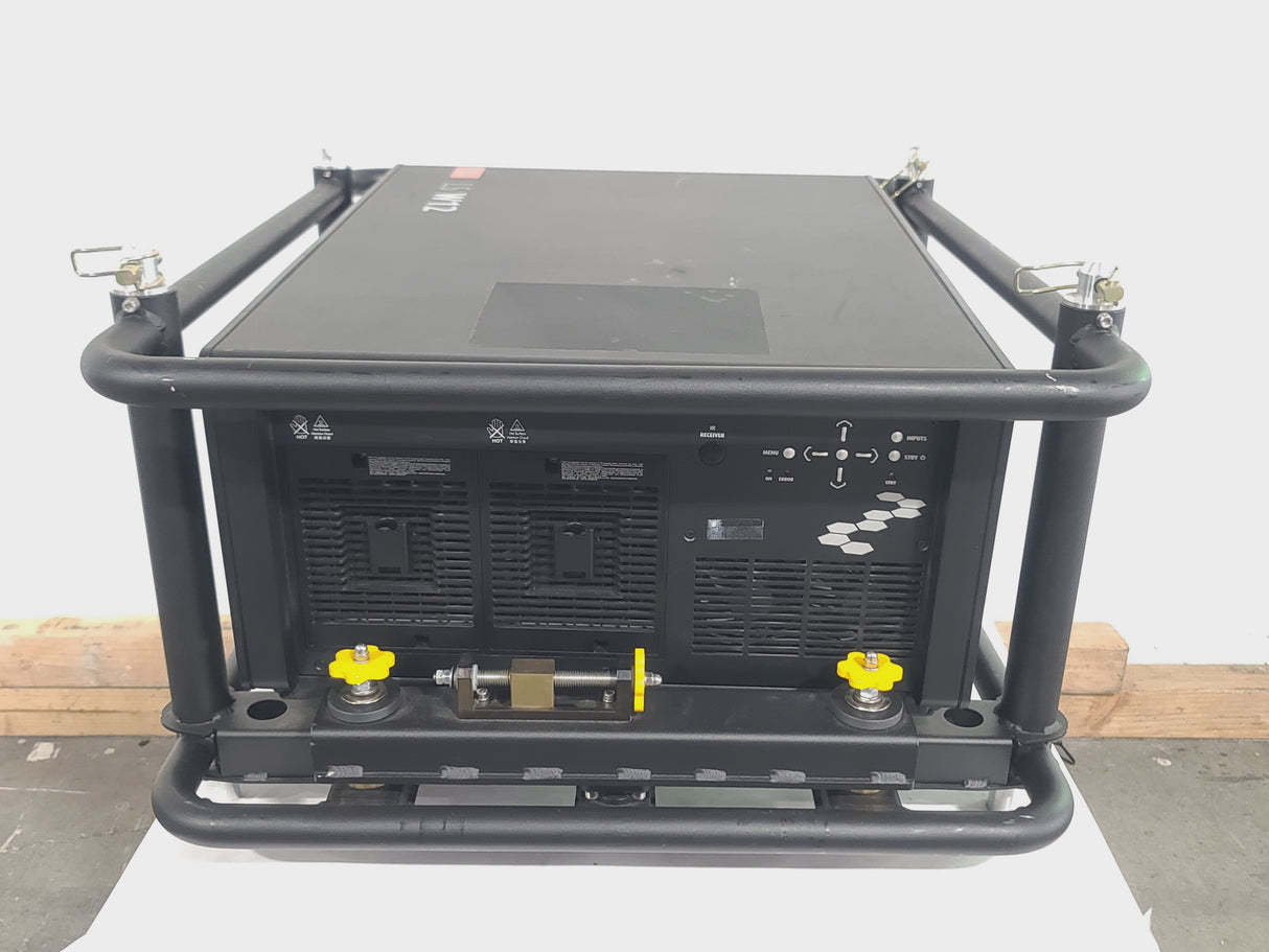 Barco RLS W12 11,000 Lumens WUXGA 1-Chip DLP (Lamp Hours 642 & 642) Large Venue Projector w/ (4) Mounting Clamps, Remote, Extra Lamp & PSU Cable in Wheeled Road Case (NO LENS)