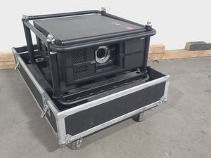 Barco RLS W12 11,000 Lumens WUXGA 1-Chip DLP (Lamp Hours 642 & 642) Large Venue Projector w/ (4) Mounting Clamps, Remote, Extra Lamp & PSU Cable in Wheeled Road Case (NO LENS)