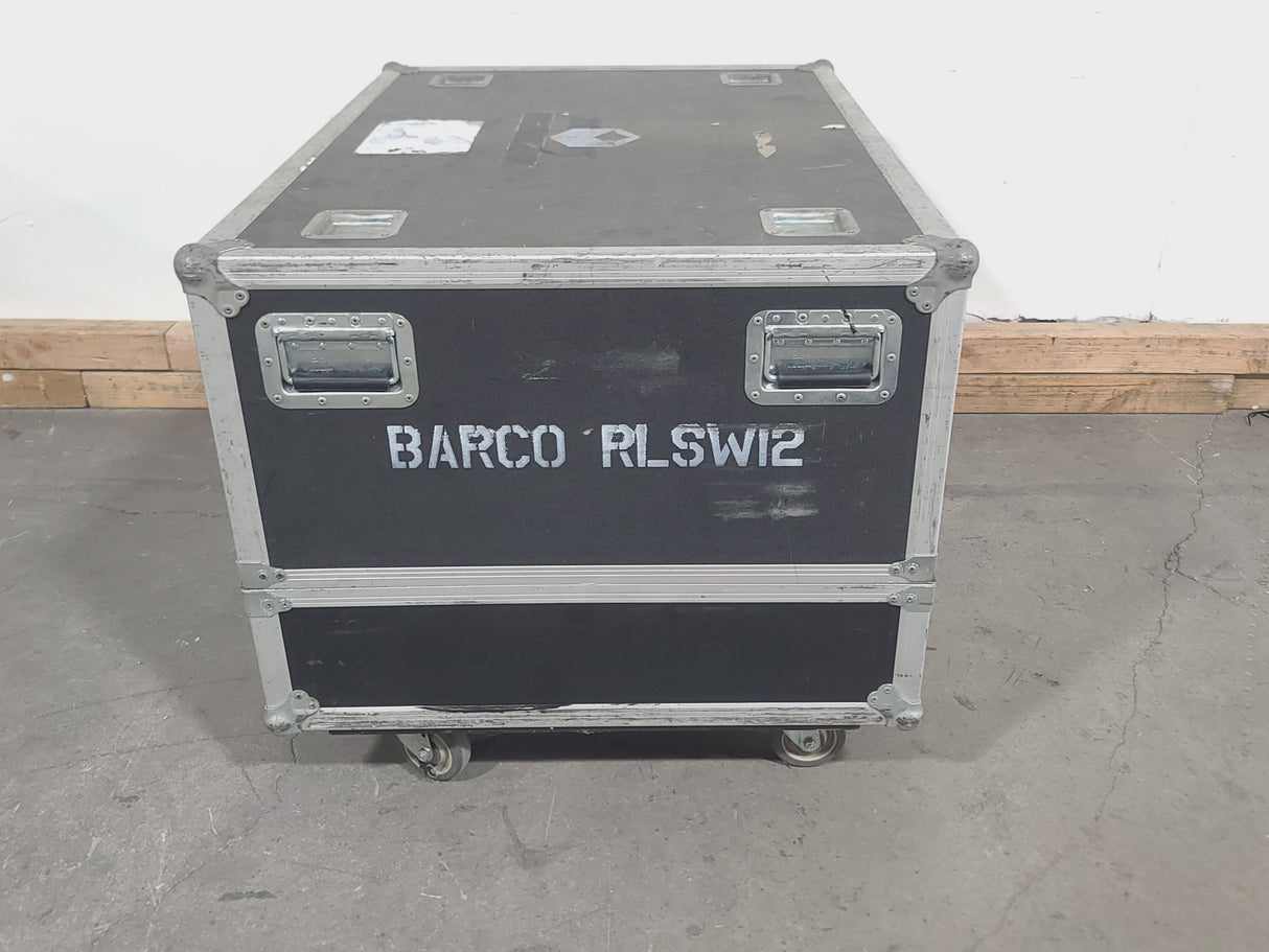 Barco RLS W12 11,000 Lumens WUXGA 1-Chip DLP (Lamp Hours 642 & 642) Large Venue Projector w/ (4) Mounting Clamps, Remote, Extra Lamp & PSU Cable in Wheeled Road Case (NO LENS)