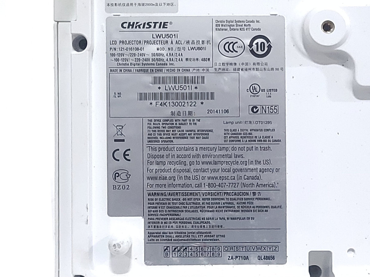 Christie LWU501i 3-Chip 5000 Lumen WUXGA LCD Conference Projector & Lens w/ Accessories