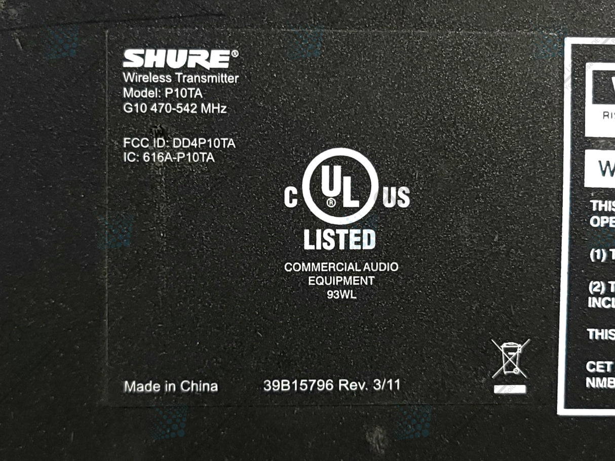 Shure P10T-G10 Wireless Transmitter (G10: 470-542MHz)