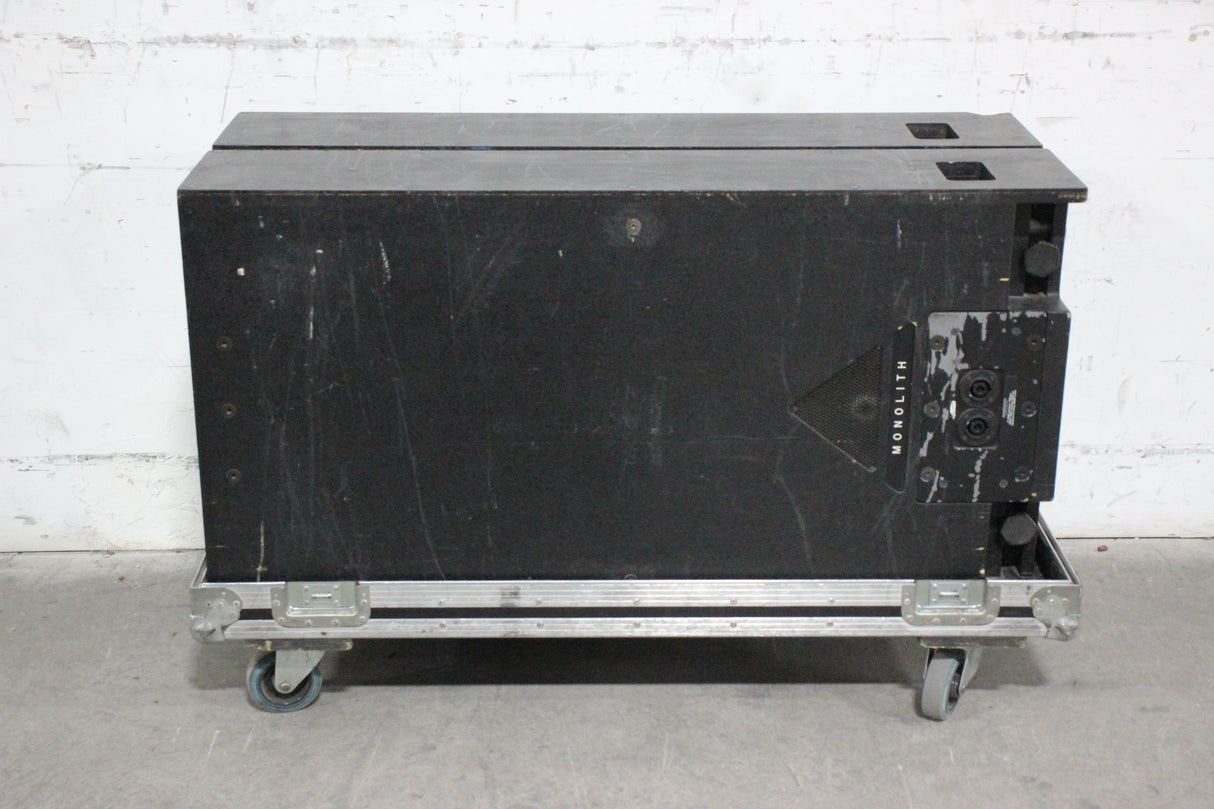 (2) MacPherson Monolith Bi-Amp Speakers w/ Rigging Hardware in Wheeled Road Case (For Parts)