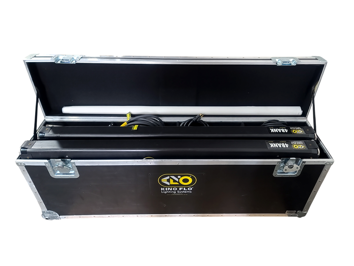 (2) Kino Flo 4-Bank Fixture & Ballast Kit w/ (18)  Spare Bulbs, ( 2) Mounting Arms, (2) PSU Banks ad Cables in Wheeled Pull Behind Case