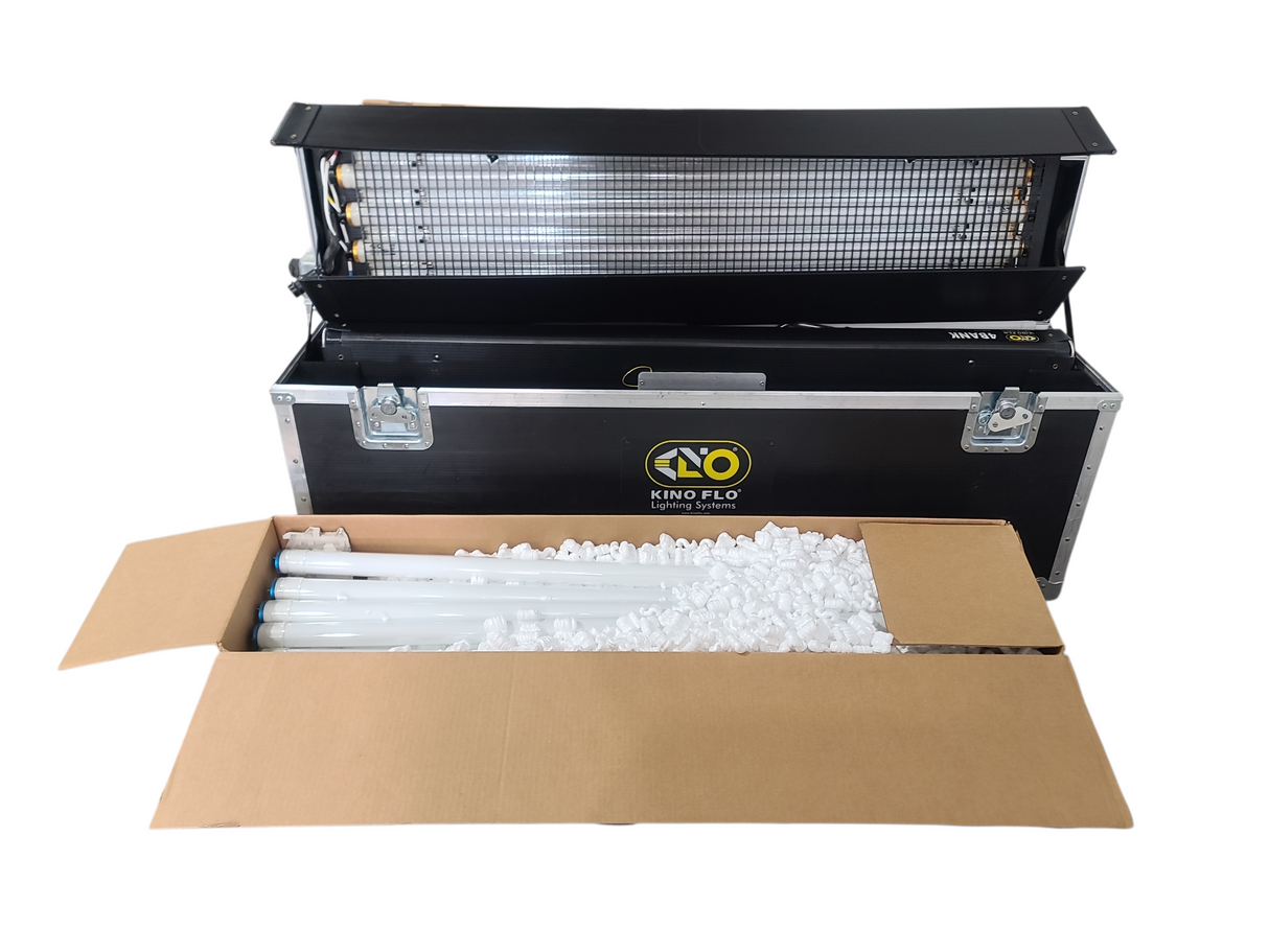 (2) Kino Flo 4-Bank Fixture & Ballast Kit w/ (18)  Spare Bulbs, ( 2) Mounting Arms, (2) PSU Banks ad Cables in Wheeled Pull Behind Case