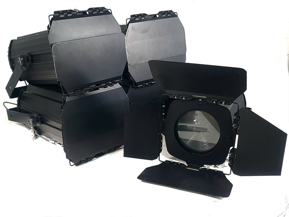 (5) Eurolite LED THA-100F COB 3200K Pro COB Spot Lights w/ (5) Mounting Brackets, (5) Safety Cables, (11) Jail Frames, & (5) Barn Door in Wheeled Road Case