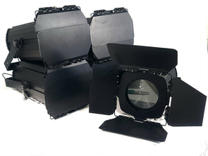 (5) Eurolite LED THA-100F COB 3200K Pro COB Spot Lights w/ (5) Mounting Brackets, (5) Safety Cables, (11) Jail Frames, & (5) Barn Door in Wheeled Road Case